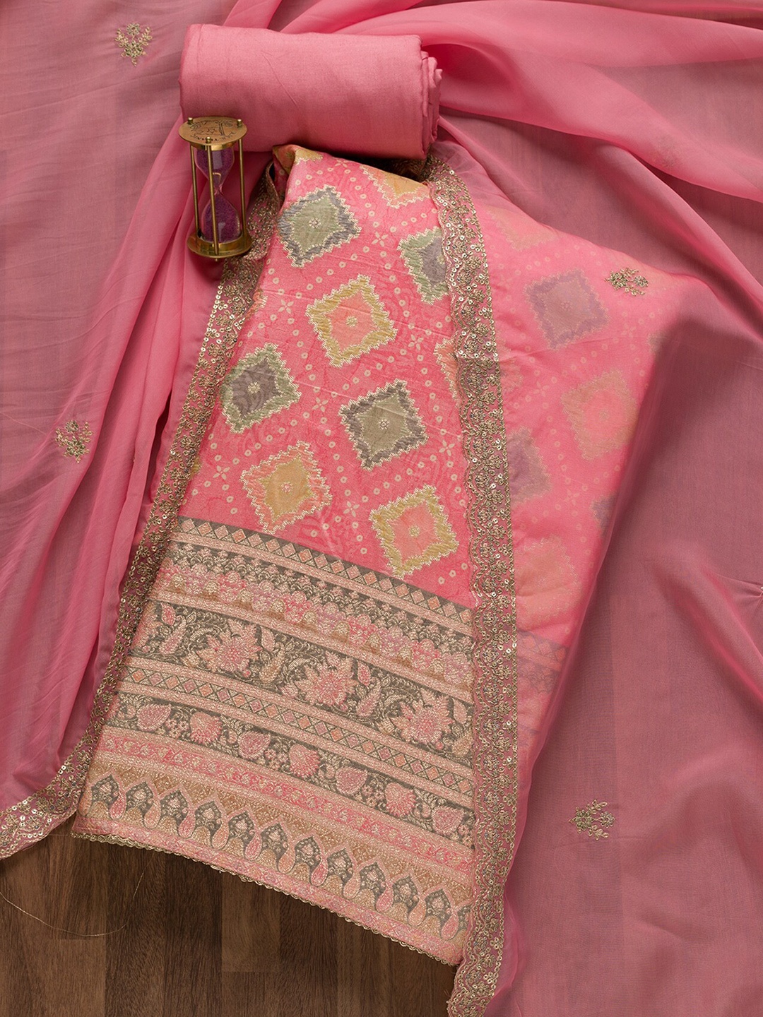 

Koskii Bandhani Printed Sequinned Unstitched Dress Material, Pink