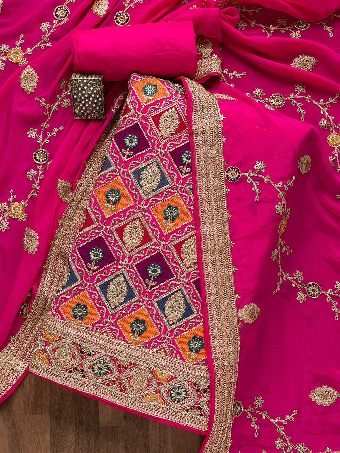 

Koskii Ethnic Motifs Embroidered Unstitched Dress Material, Pink