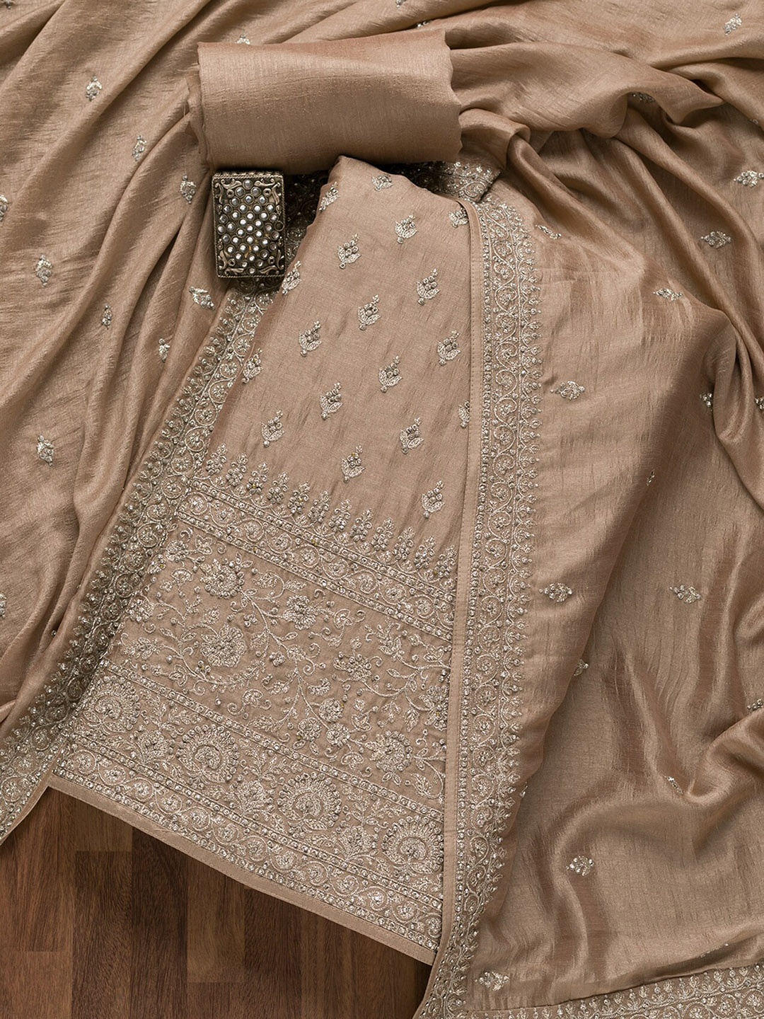 

Koskii Ethnic Motifs Sequinned Embroidered Unstitched Dress Material, Brown