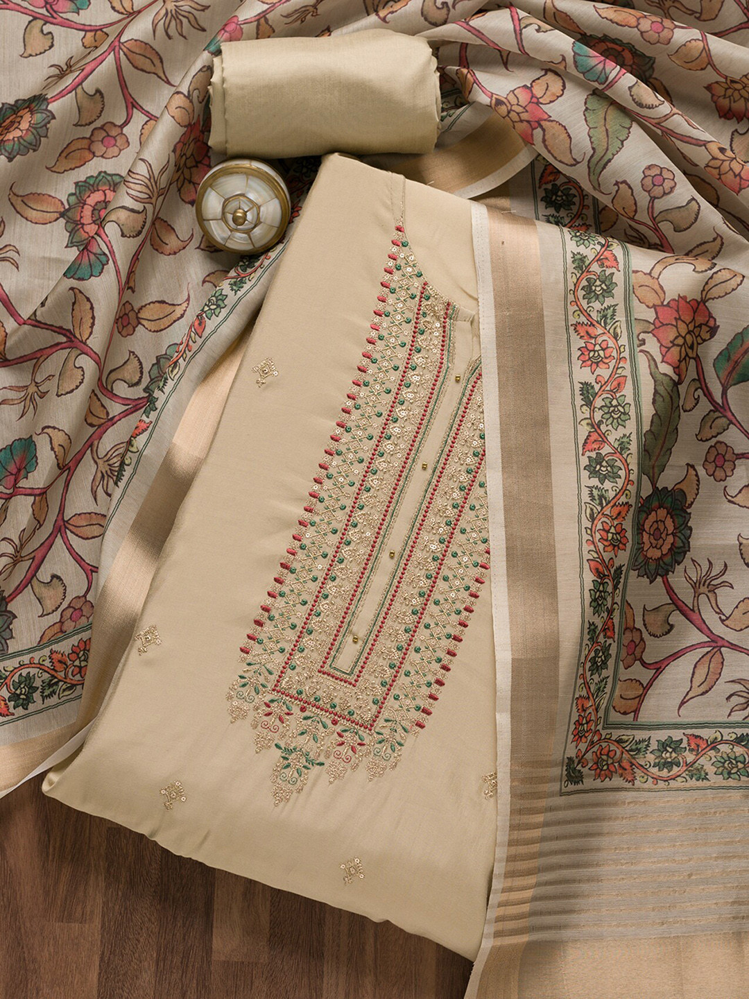 

Koskii Floral Embroidered Pure Cotton Unstitched Dress Material, Beige