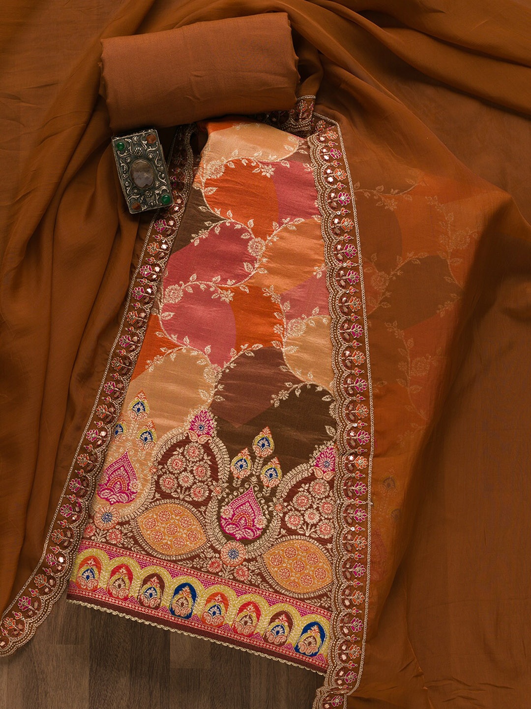 

Koskii Ethnic Motifs Woven Design Velvet Unstitched Dress Material, Orange