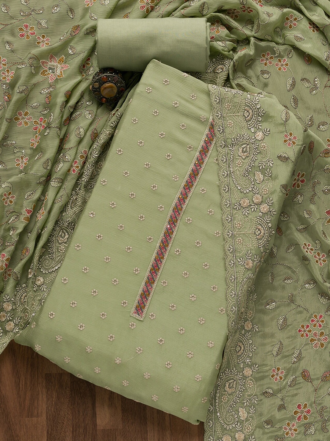 

Koskii Embroidered Unstitched Dress Material, Green