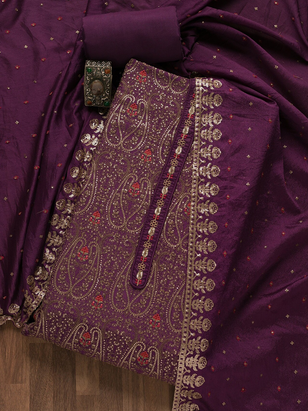 

Koskii Paisley Embroidered Unstitched Dress Material, Purple