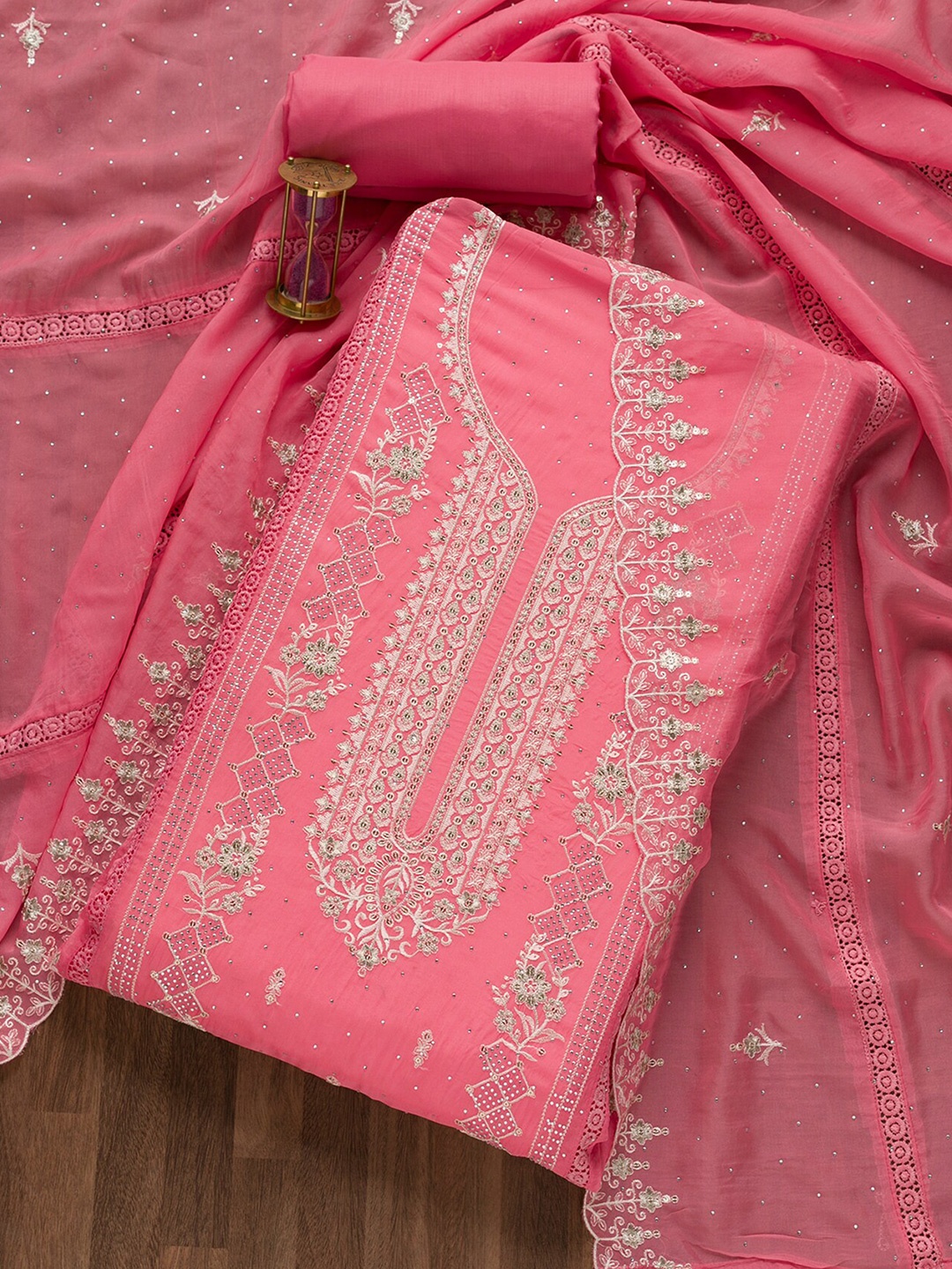 Koskii Floral Embroidered Unstitched Dress Material, Pink