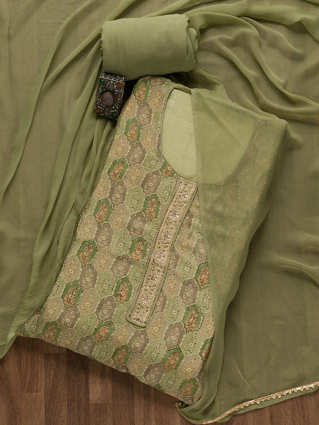 

Koskii Floral Printed Unstitched Dress Material, Green