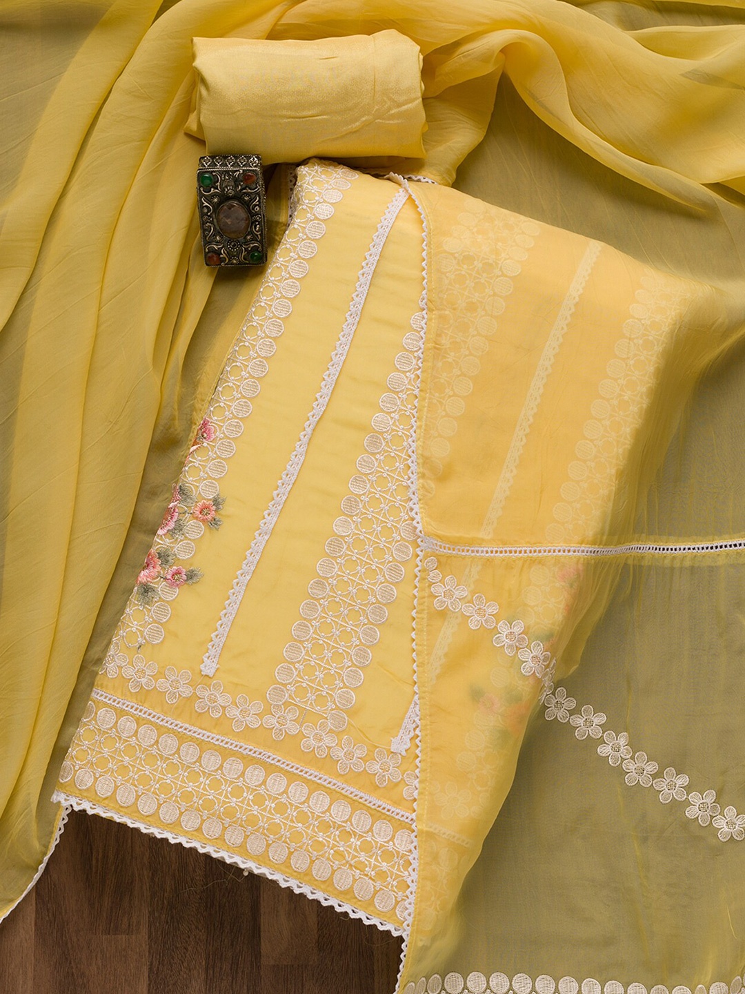 

Koskii Floral Embroidered Unstitched Dress Material, Yellow