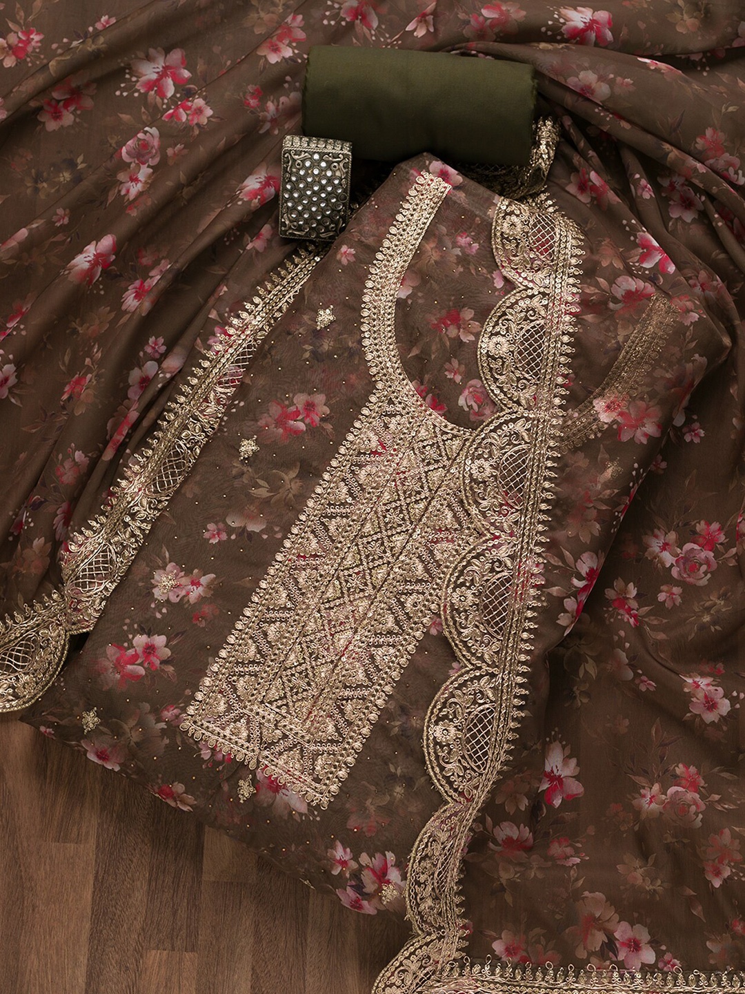 Koskii Embroidered Unstitched Dress Material, Brown