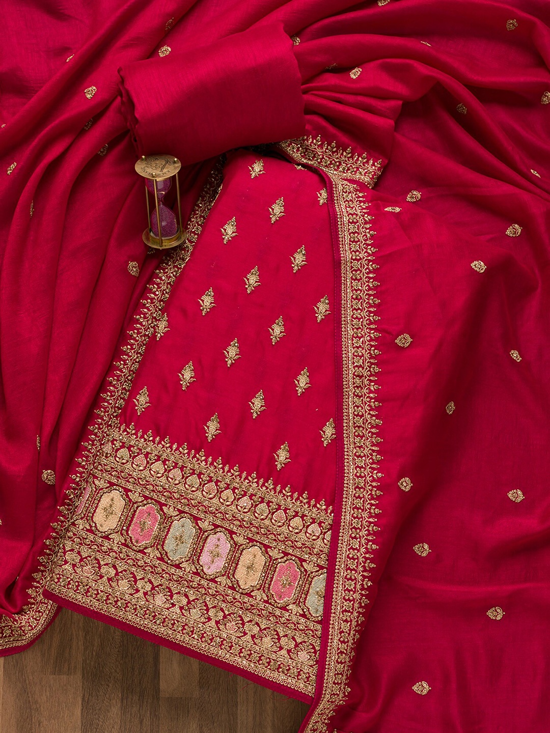 

Koskii Ethnic Motifs Embroidered Raw Silk Unstitched Dress Material, Pink