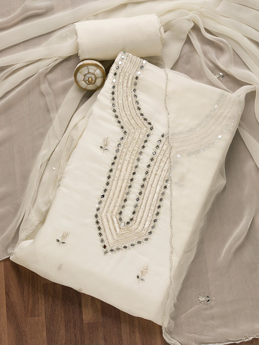 

Koskii Embroidered Unstitched Dress Material, White