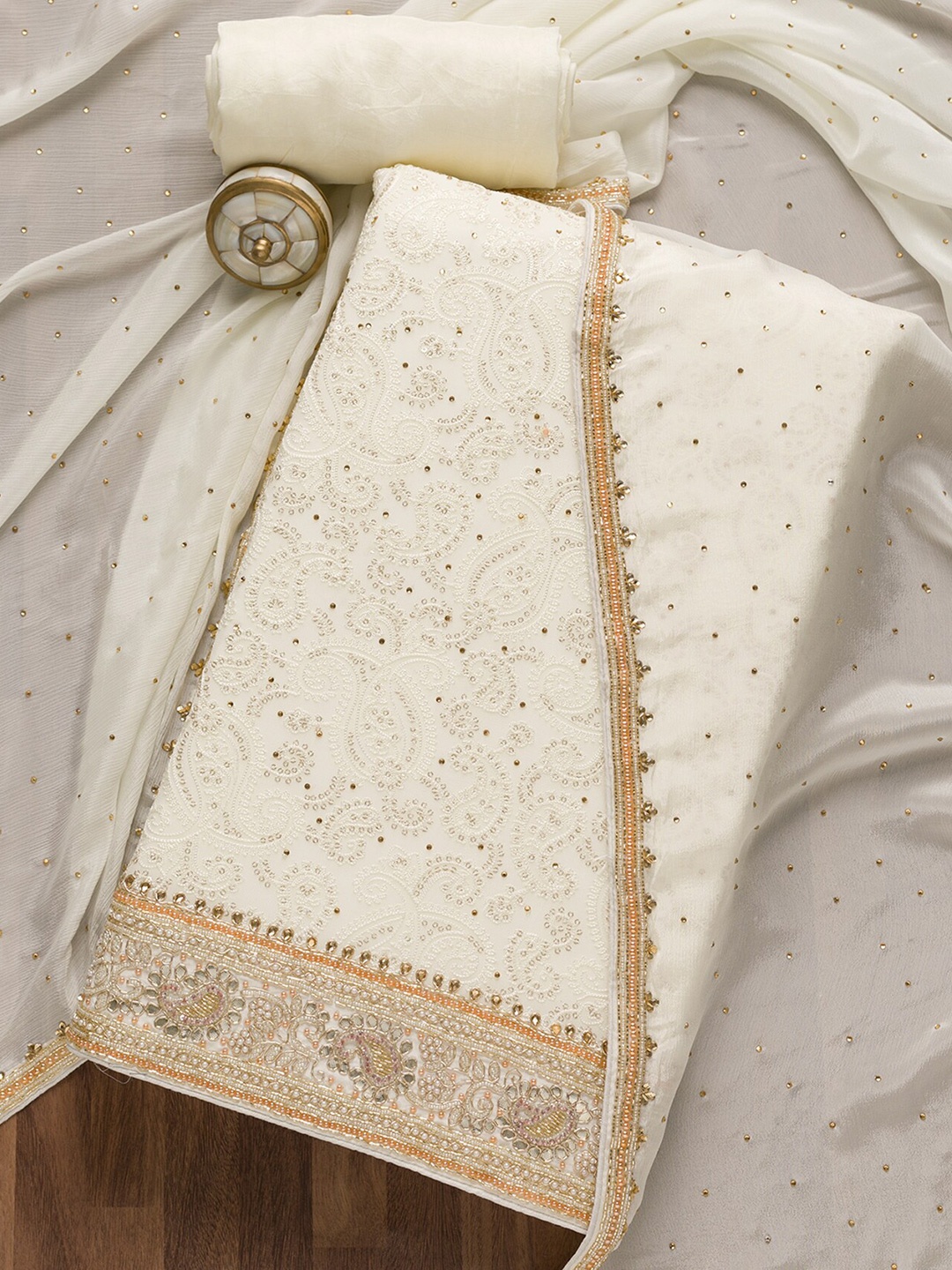 

Koskii Embroidered Unstitched Dress Material, White