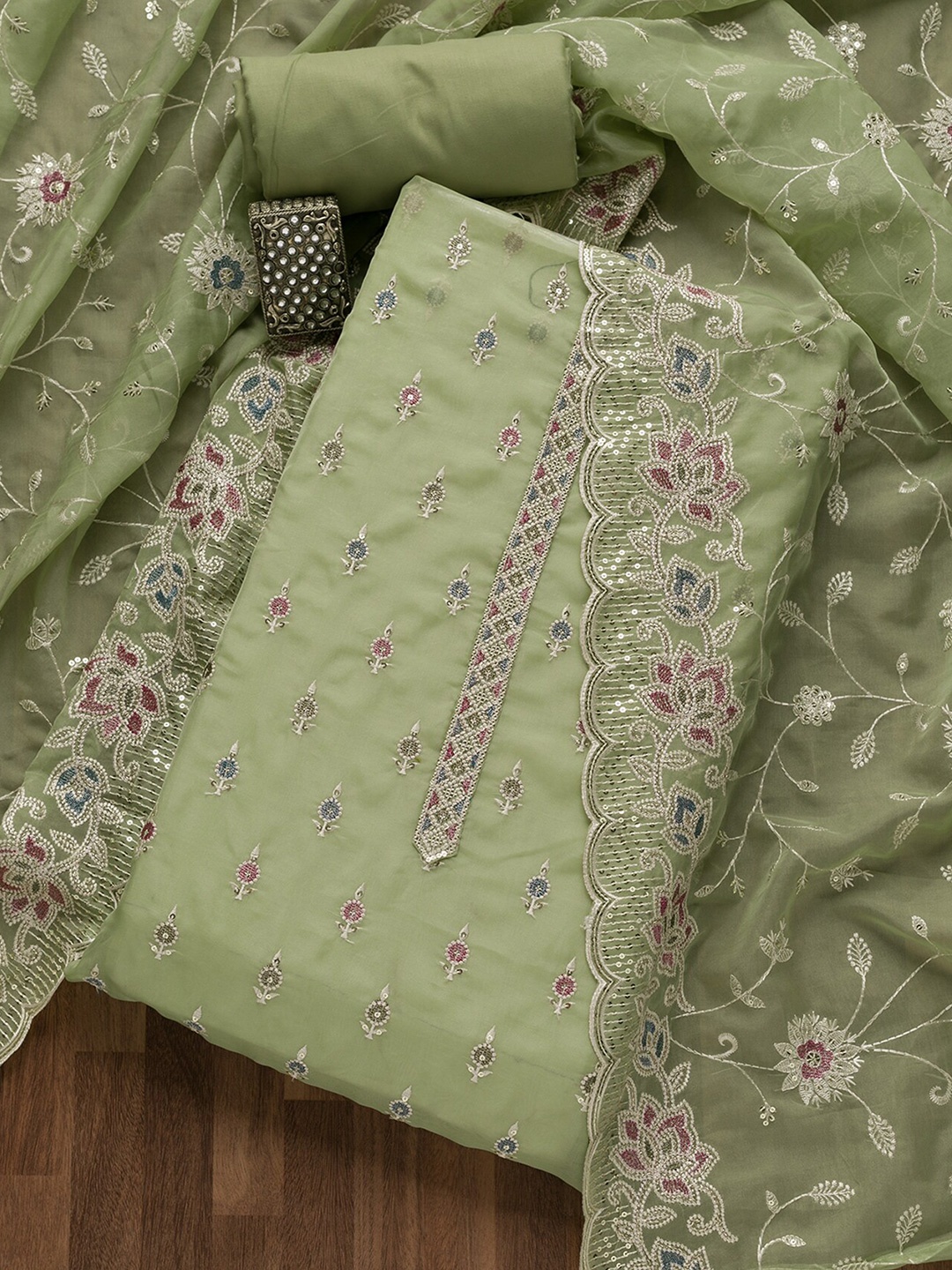 

Koskii Floral Embroidered Unstitched Dress Material, Green