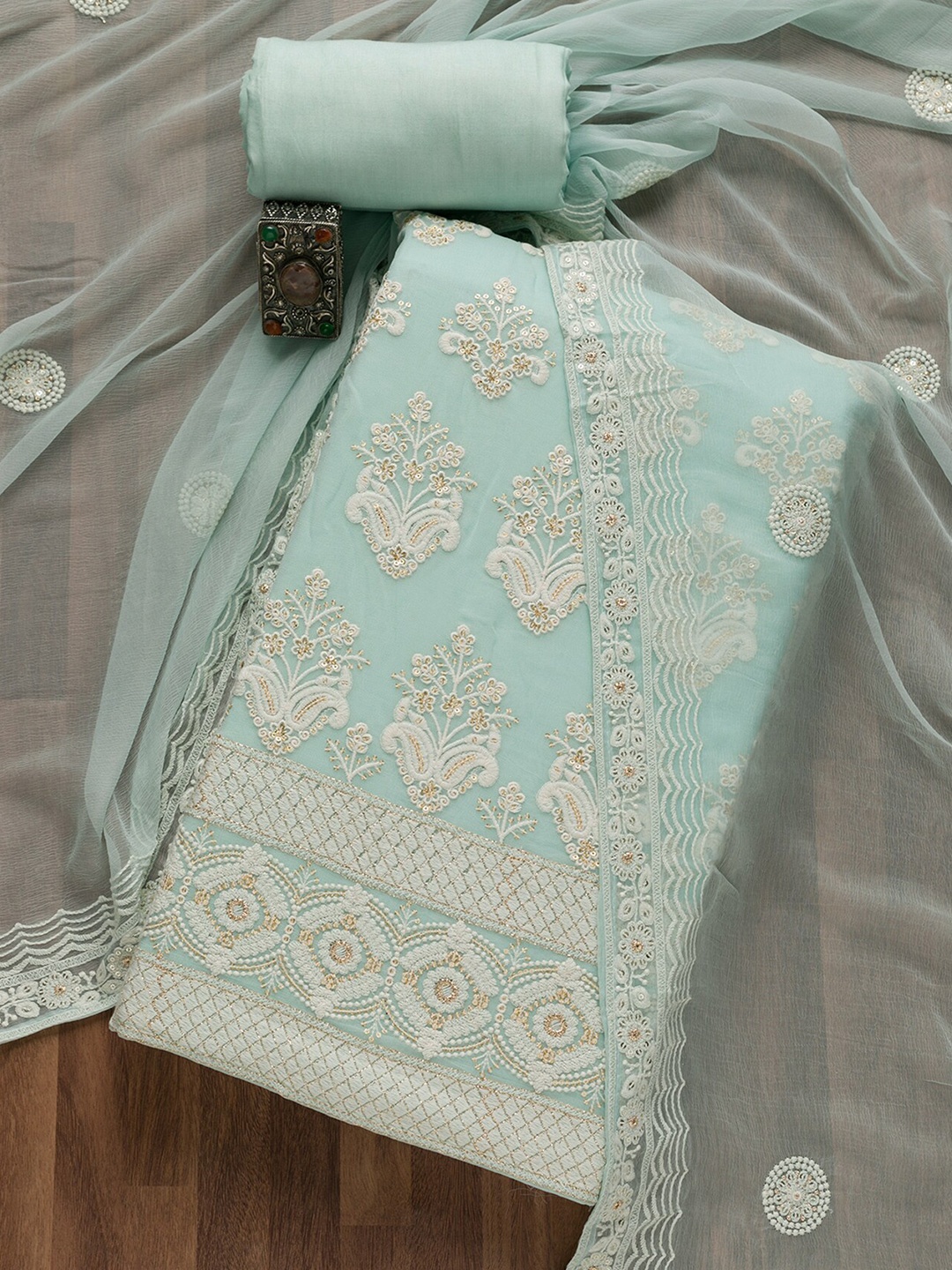 

Koskii Ethnic Motifs Embroidered Unstitched Dress Material, Blue