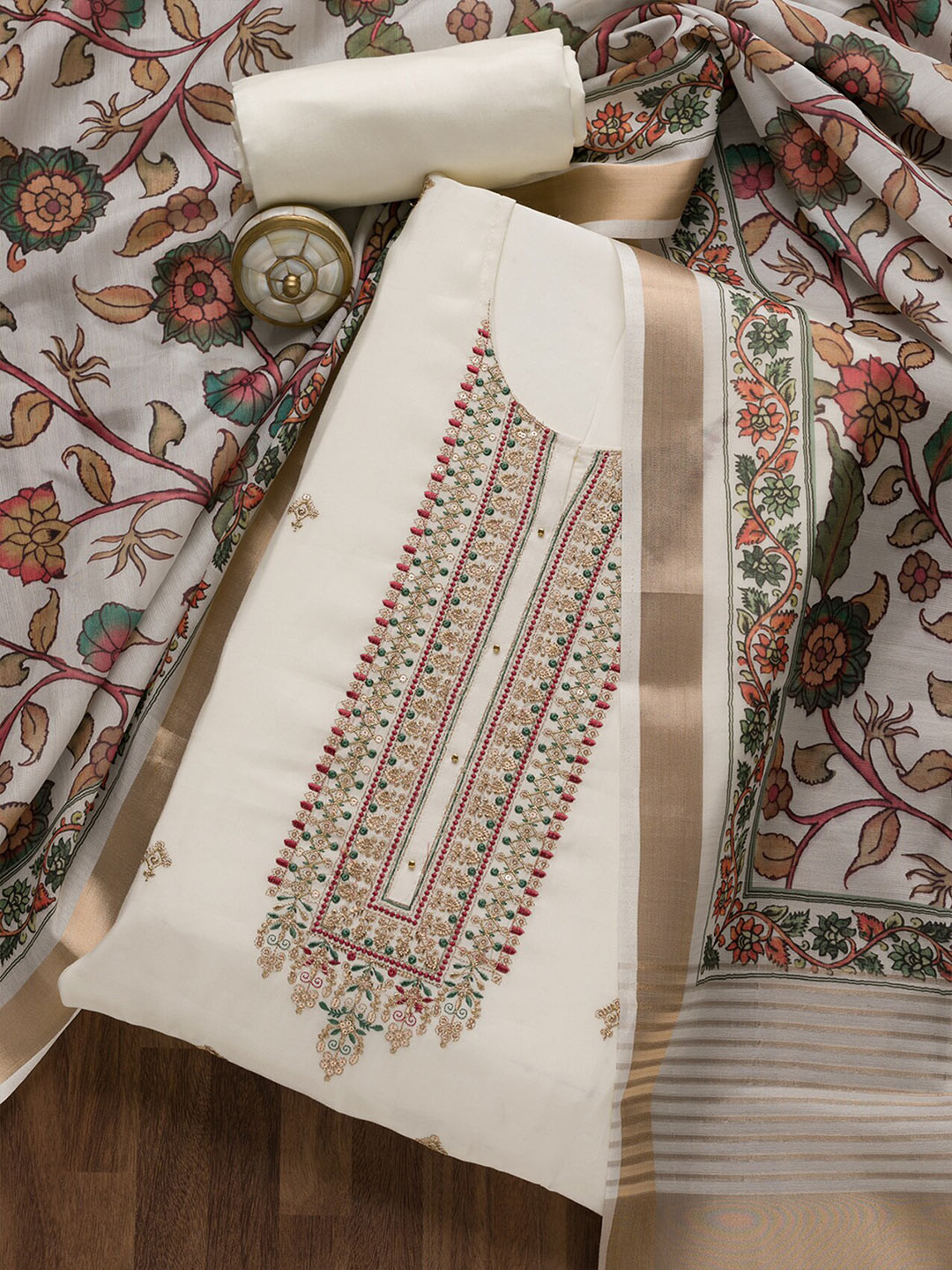 

Koskii Embroidered Pure Cotton Unstitched Dress Material, White