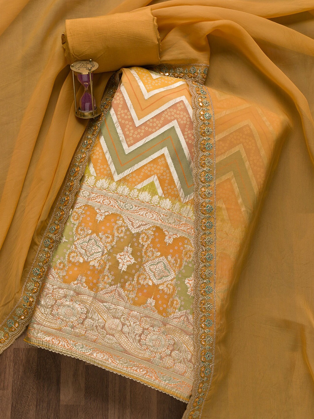 

Koskii Woven Design Zari Velvet Unstitched Dress Material, Yellow