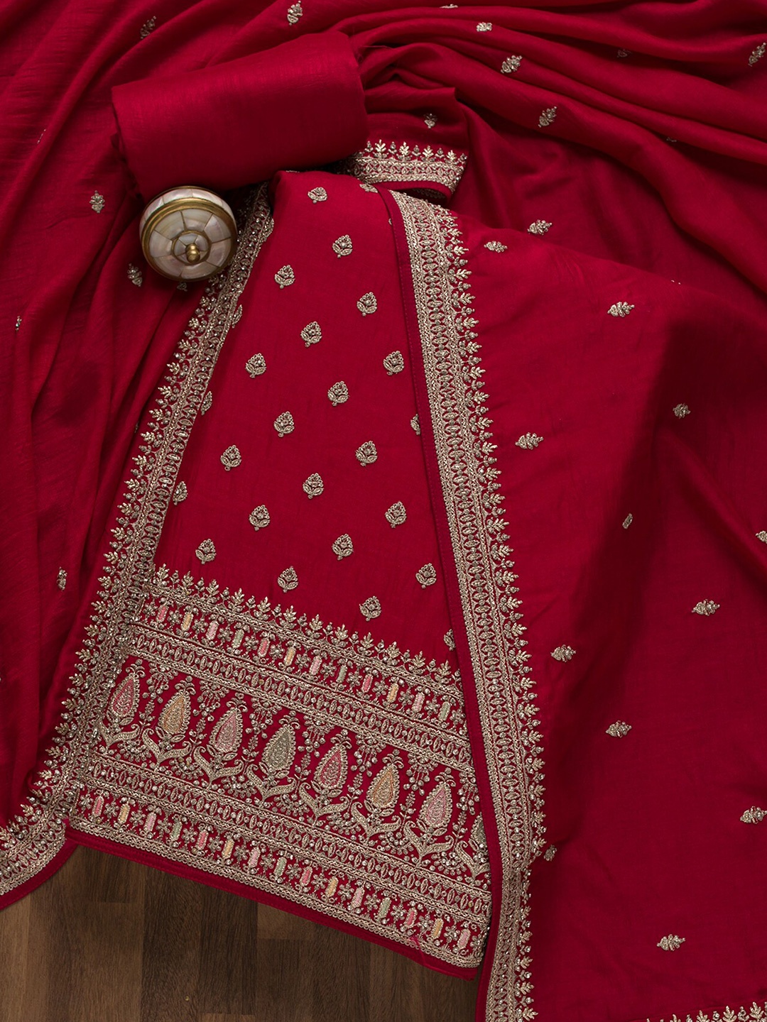 

Koskii Ethnic Motifs Embroidered Zari Unstitched Dress Material, Red