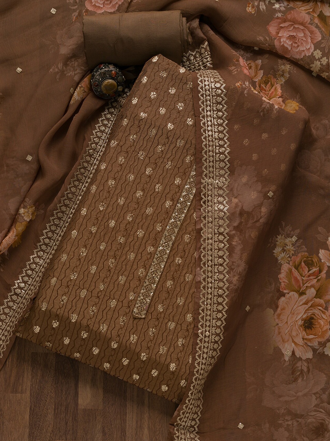 

Koskii Floral Embroidered Sequinned Unstitched Dress Material, Brown