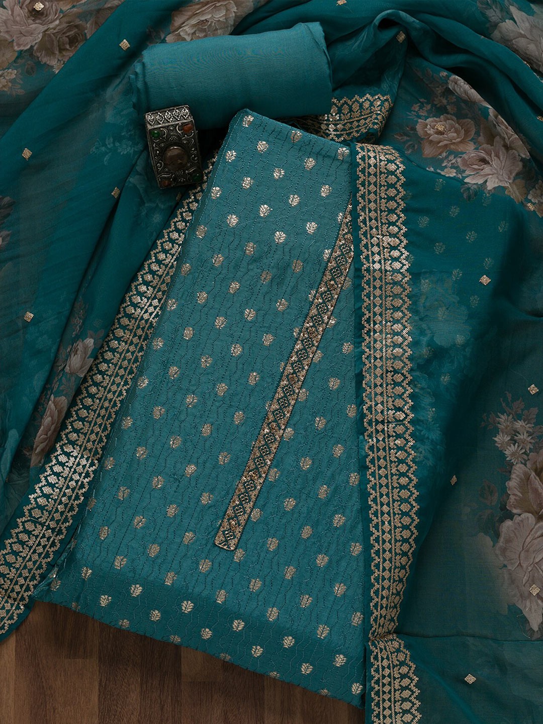 

Koskii Ethnic Motifs Embroidered Zari Unstitched Dress Material, Teal