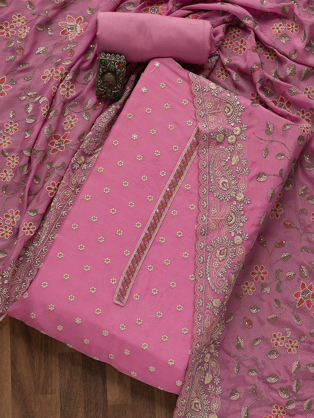 

Koskii Pink Embroidered Unstitched Dress Material