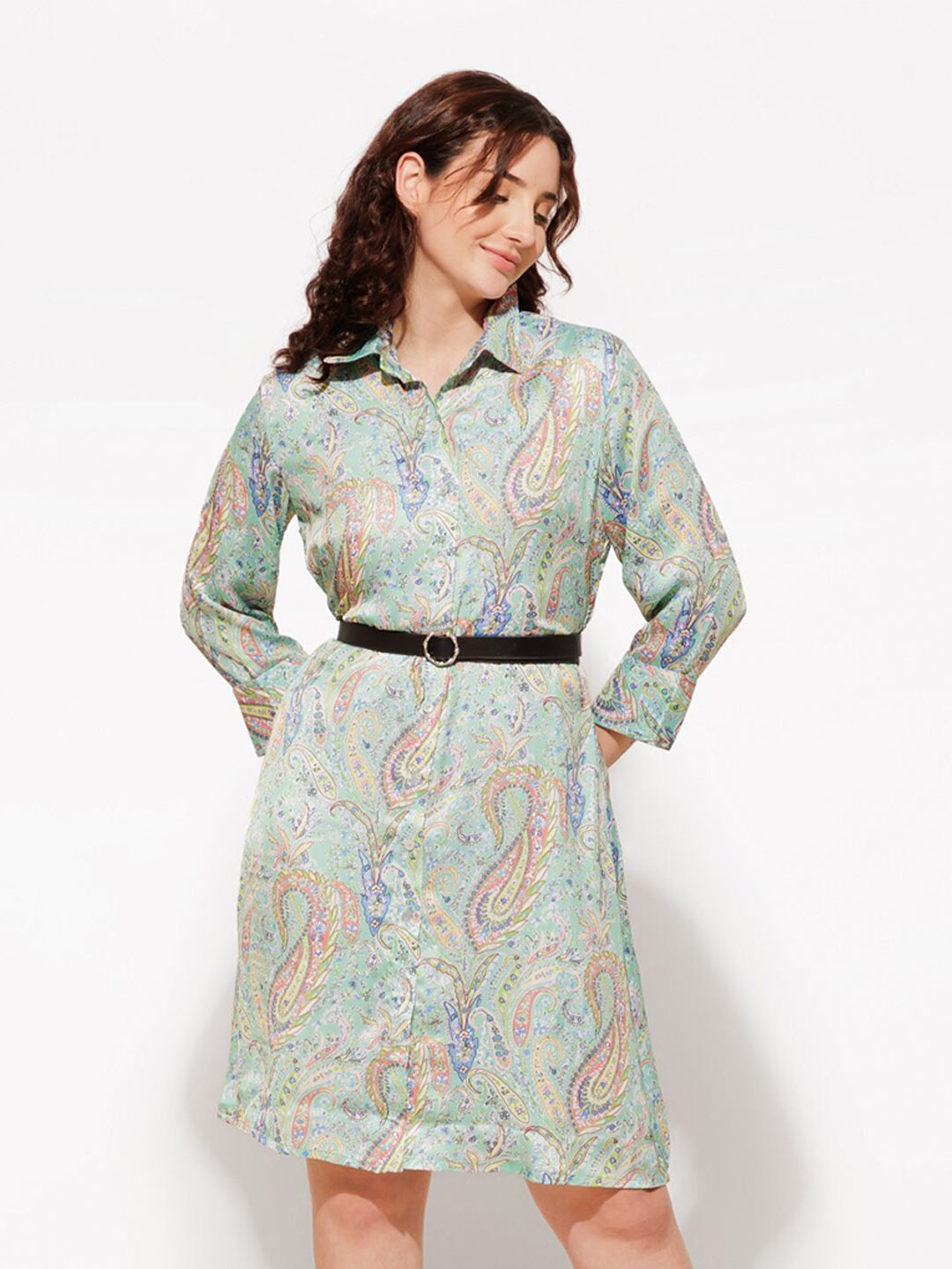 Urban Sundari Ethnic Motifs Printed Satin Shirt Dress, Green