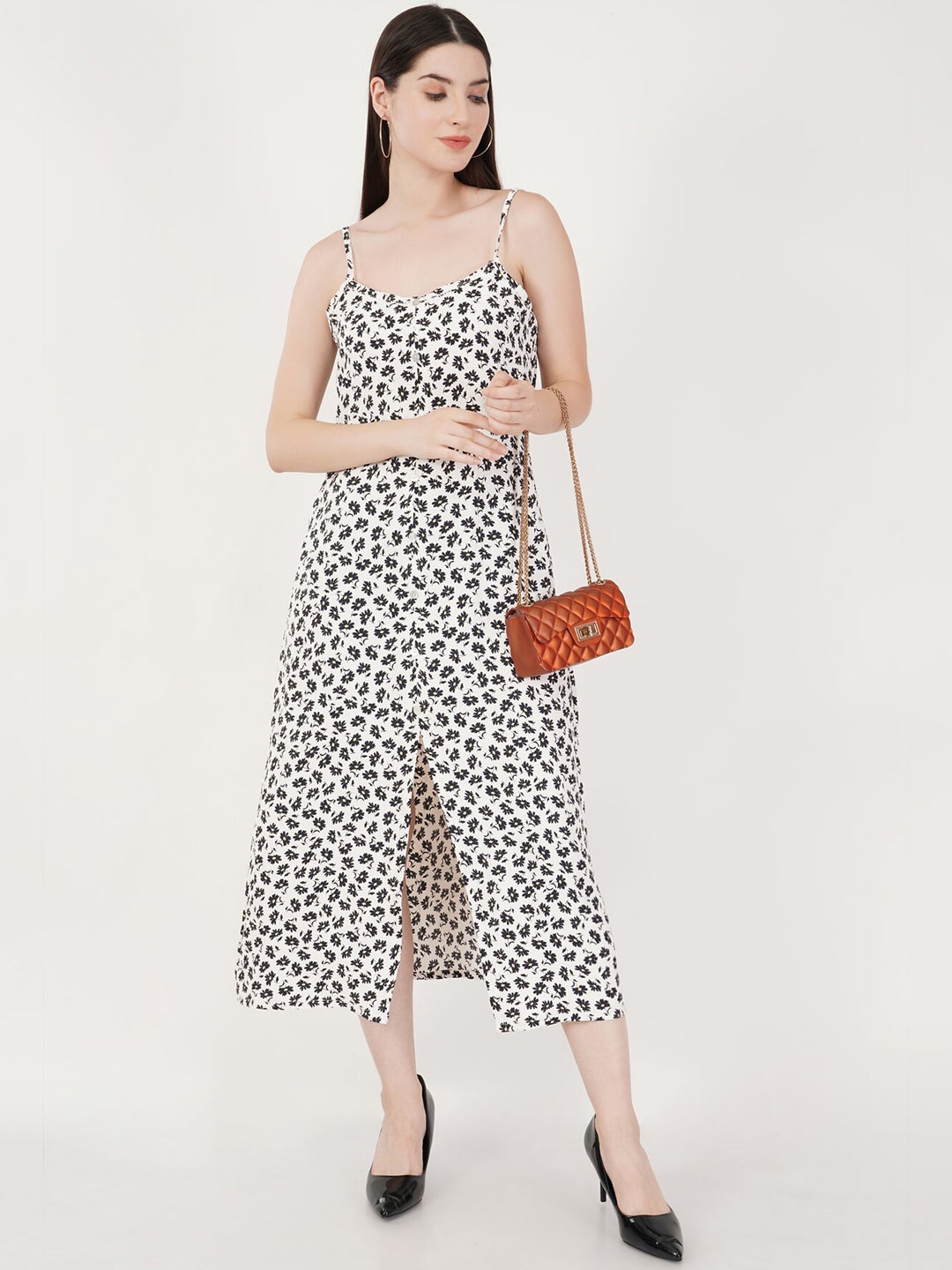 

Urban Sundari Floral Printed Shoulder Strap A-Line Midi Dress, White