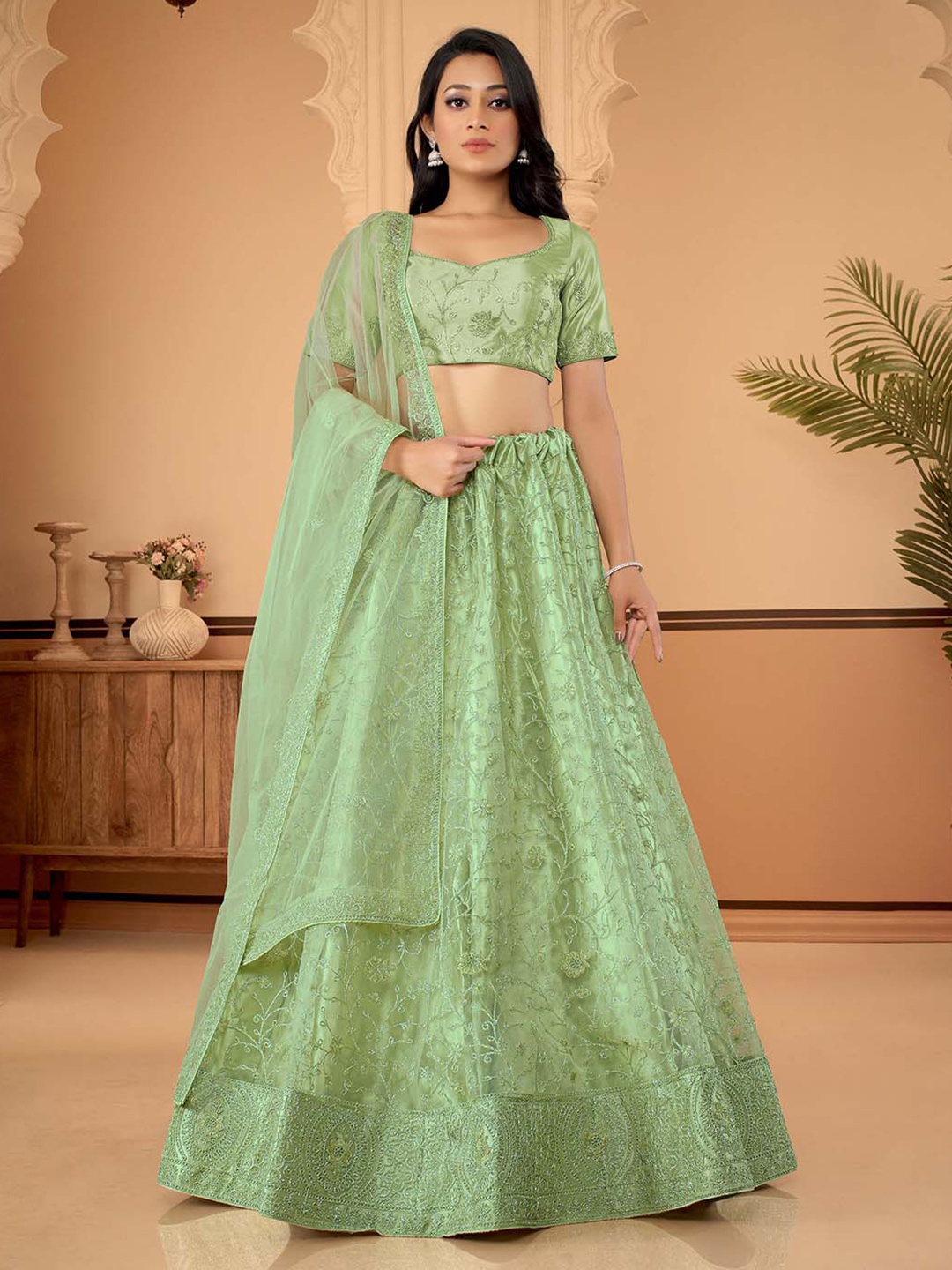 

HALFSAREE STUDIO Floral Embroidered Net Semi-Stitched Lehenga Choli, Green