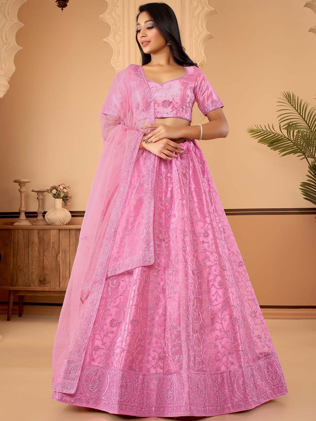 

HALFSAREE STUDIO Pink & Embroidered Semi-Stitched Lehenga & Unstitched Blouse With Dupatta