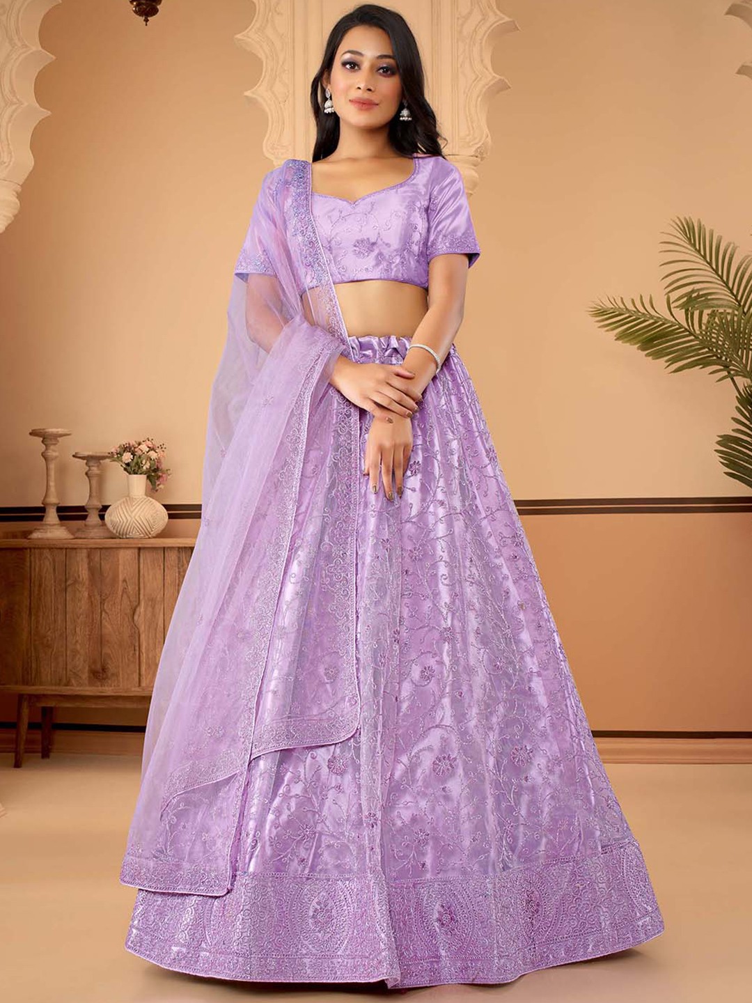 

HALFSAREE STUDIO Purple & Embroidered Semi-Stitched Lehenga & Unstitched Blouse With Dupatta