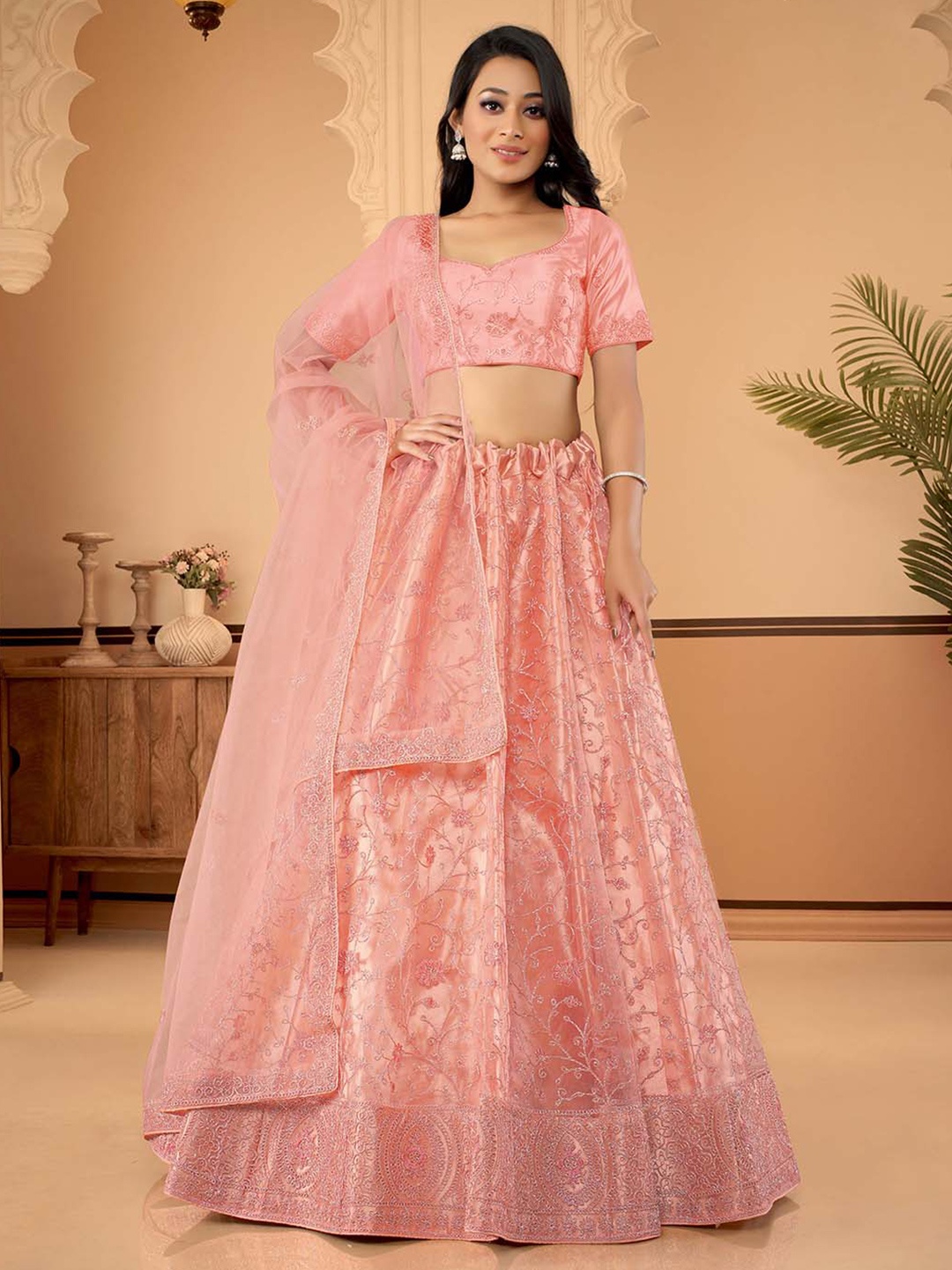

HALFSAREE STUDIO Floral Embroidered Net Semi-Stitched Lehenga Choli, Peach
