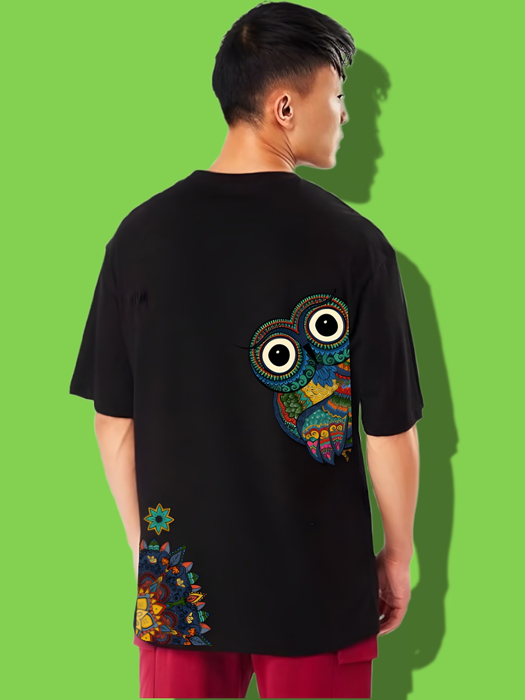 

Elibolz Graphic Printed Drop-Shoulder Sleeves Cotton Oversized T-shirt, Black