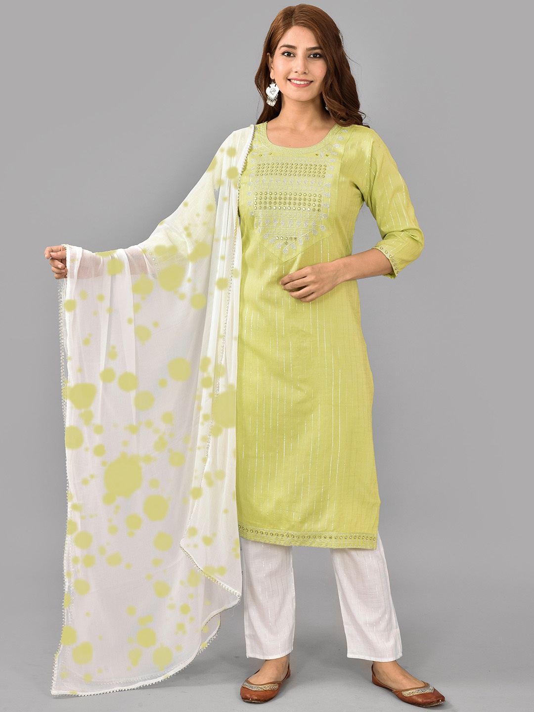 

KALINI Floral Embroidered Mirror Work Kurta with Trousers & Dupatta, Green