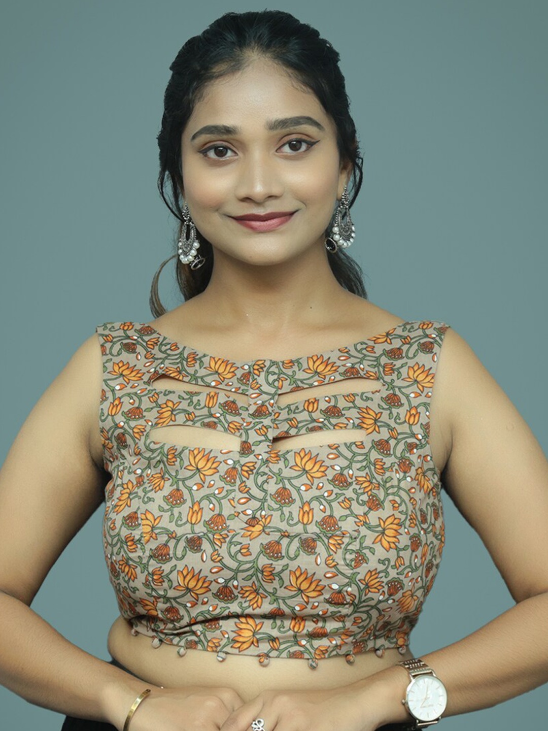 

PUSHKARA Floral Printed Pure Cotton Saree Blouse, Tan
