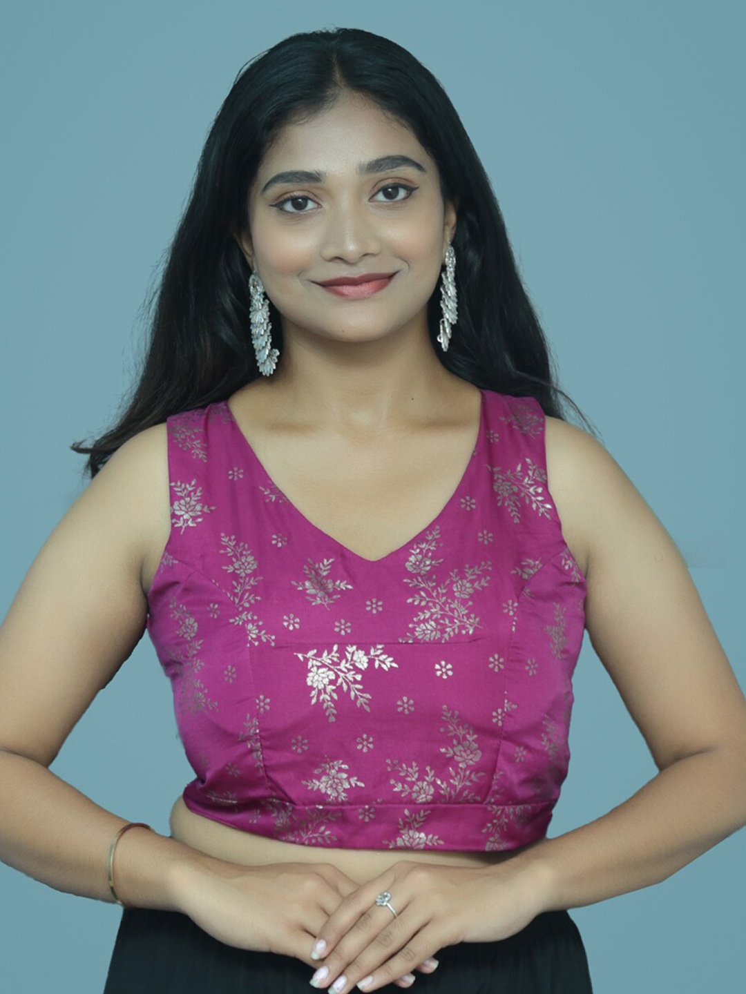

PUSHKARA Printed V-Neck Pure Cotton Saree Blouse, Magenta