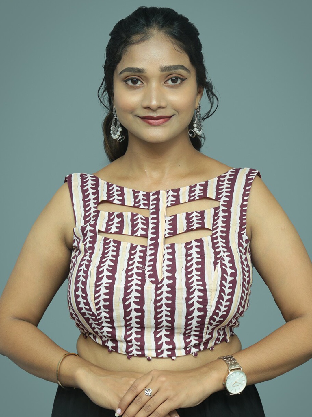 

PUSHKARA Printed Boat Neck Pure Cotton Saree Blouse, Burgundy