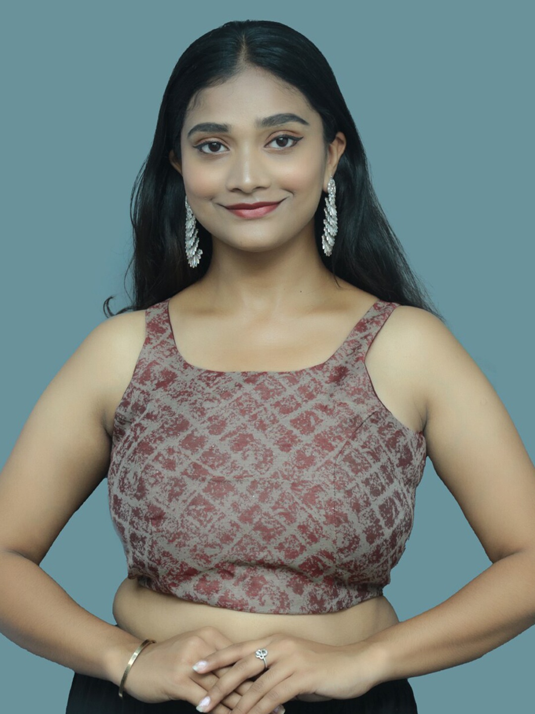 

PUSHKARA Geometric Printed Cotton Saree Blouse, Maroon