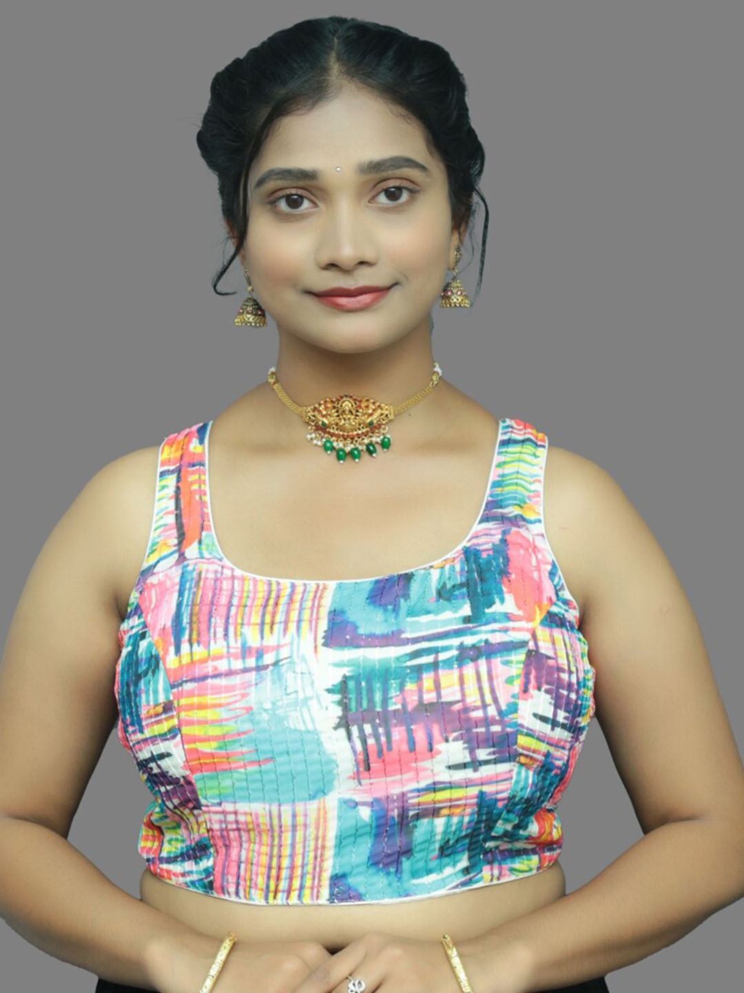 

PUSHKARA Printed Pure Cotton Saree Blouse, Blue