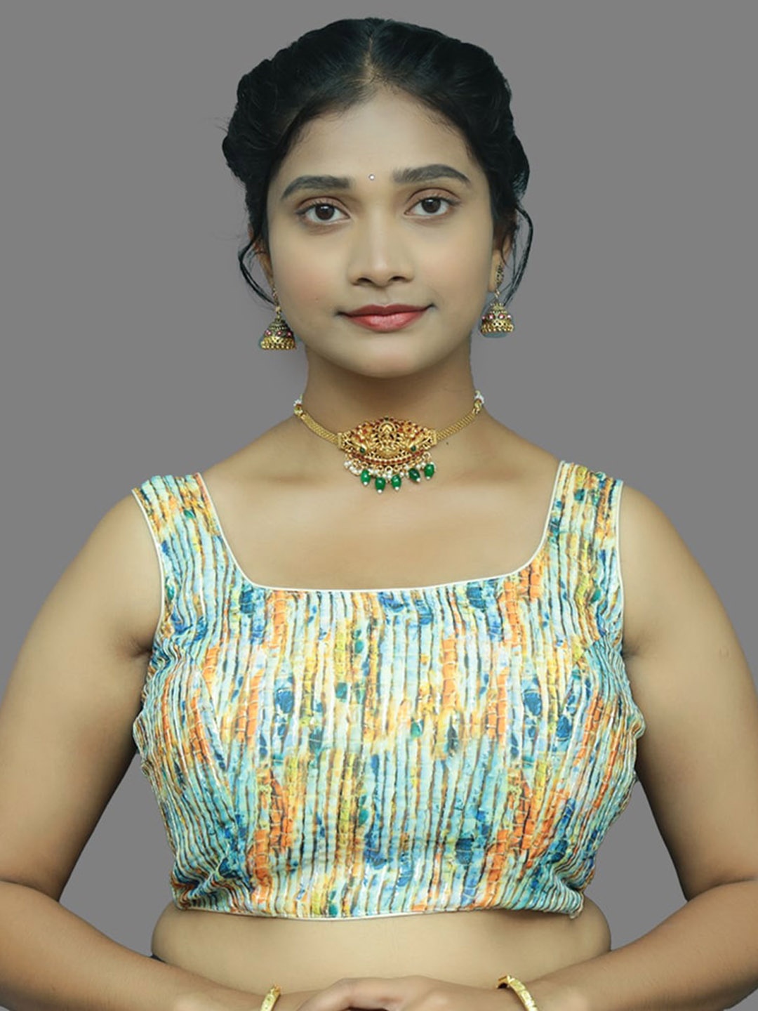 

PUSHKARA Printed Pure Cotton Saree Blouse, Beige