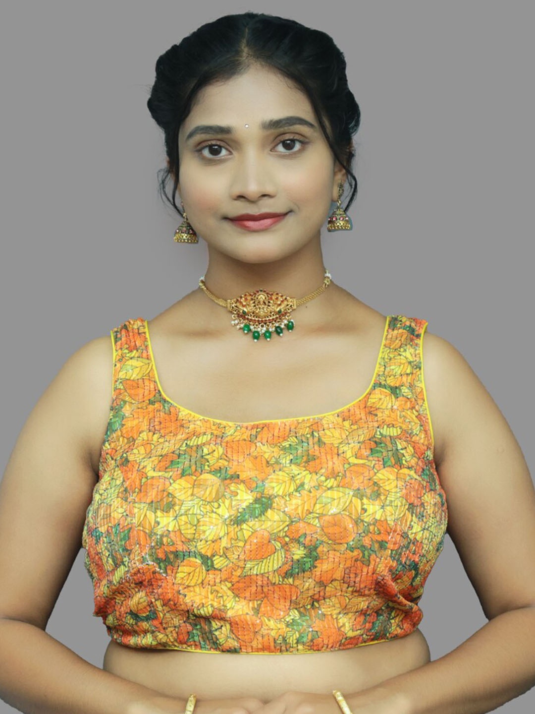 

PUSHKARA Floral Printed Pure Cotton Saree Blouse, Yellow