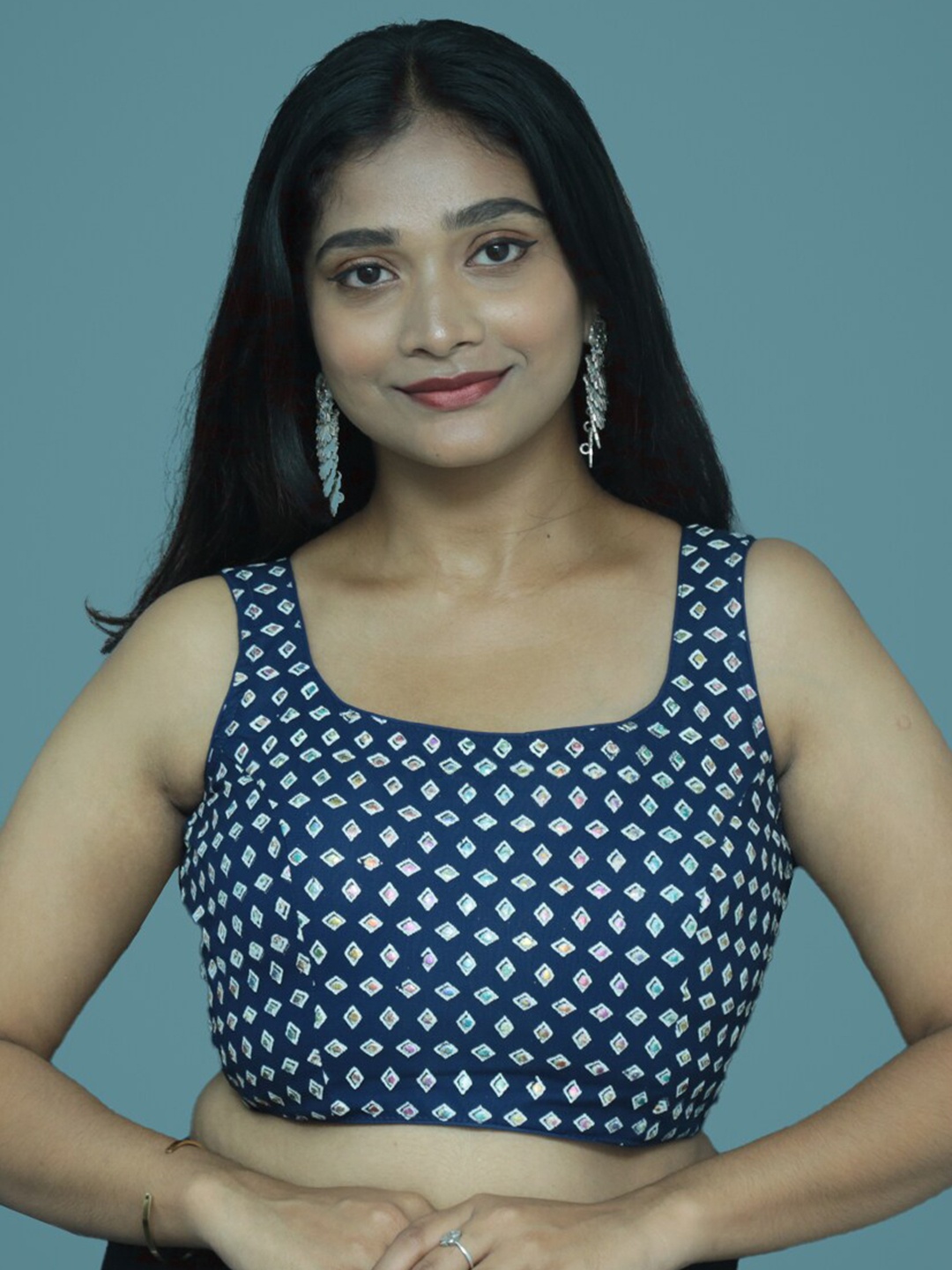 

PUSHKARA Ethnic Motifs Printed Pure Cotton Saree Blouse, Navy blue