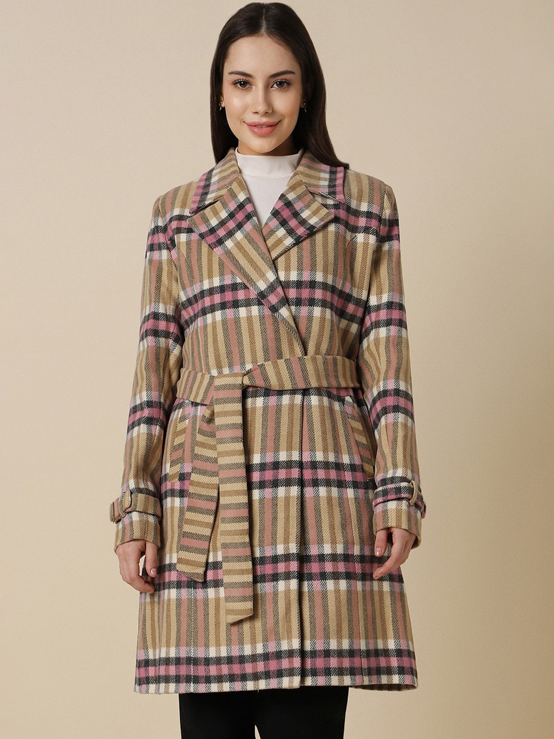 

Allen Solly Woman Checked Longline Pure Cotton Open Front Jacket, Brown