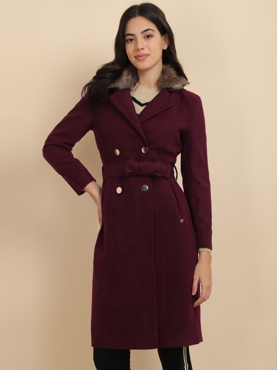 

Allen Solly Woman Lapel Collar Longline Open Front Jacket, Maroon