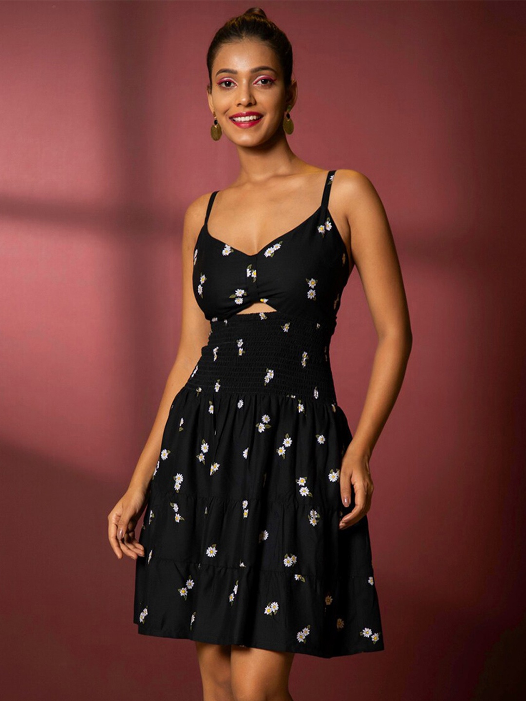 

Urban Sundari Floral Printed Shoulder Straps Cut Out Cotton Fit & Flare Mini Dress, Black