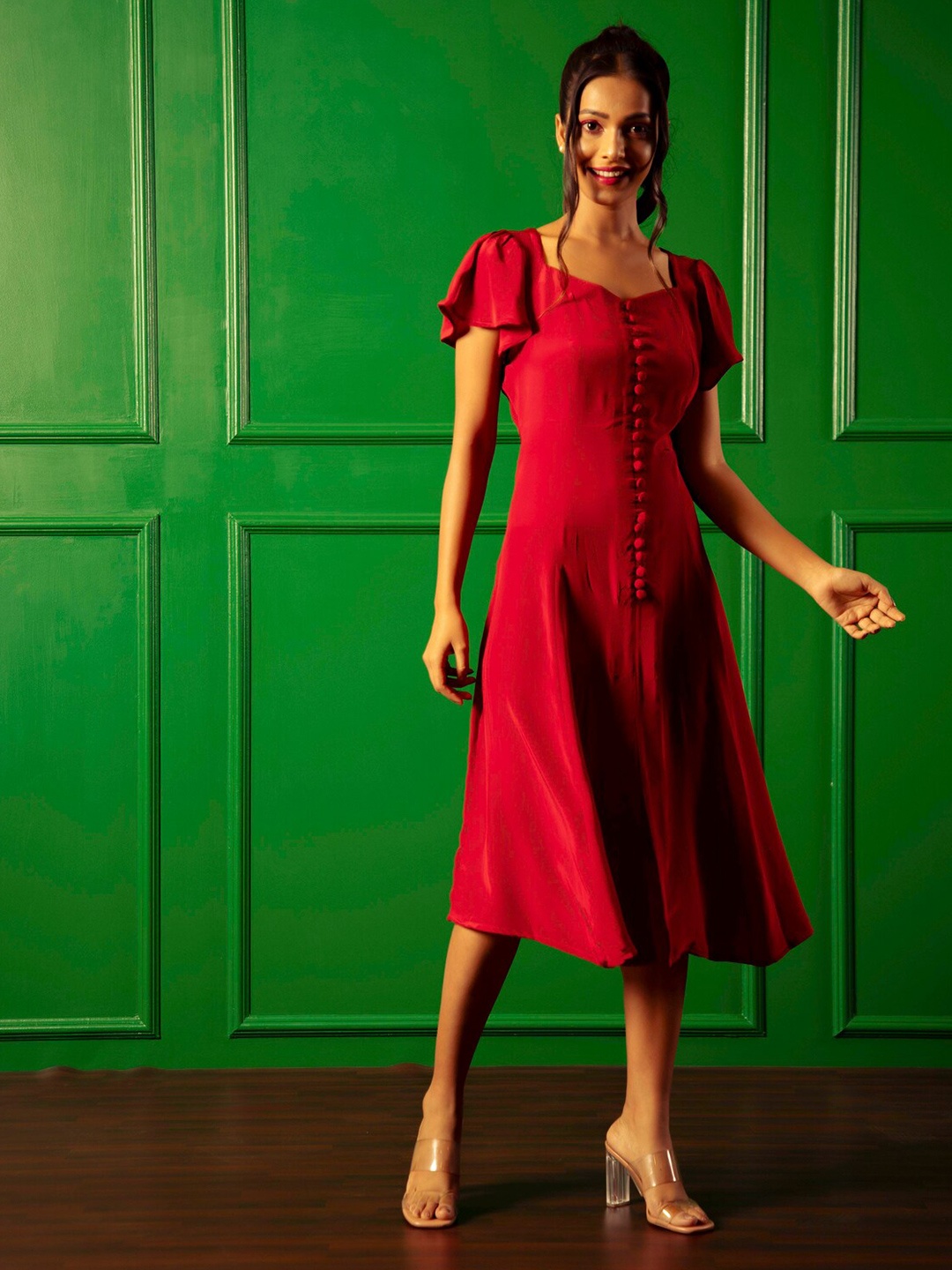 

Urban Sundari Crepe A-Line Midi Dress, Red