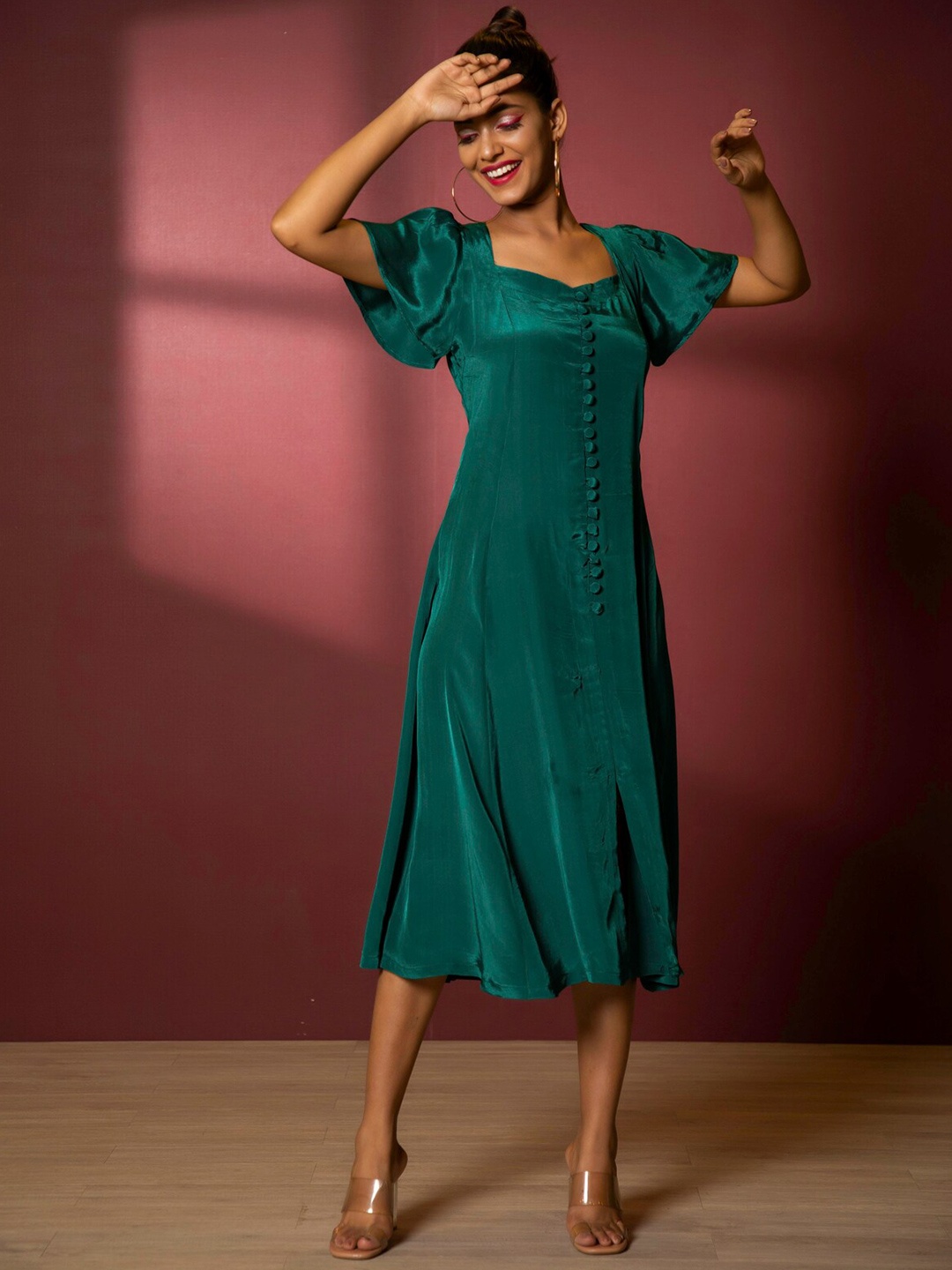 

Urban Sundari Puff Sleeve Crepe A-Line Midi Dress, Green