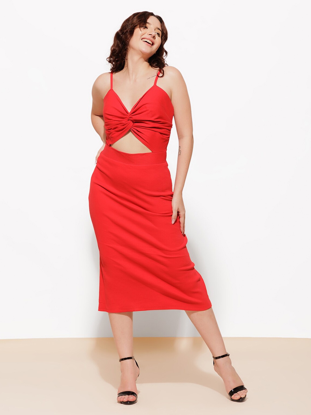 

Urban Sundari Shoulder Straps Cut Out Cotton Sheath Midi Dress, Red