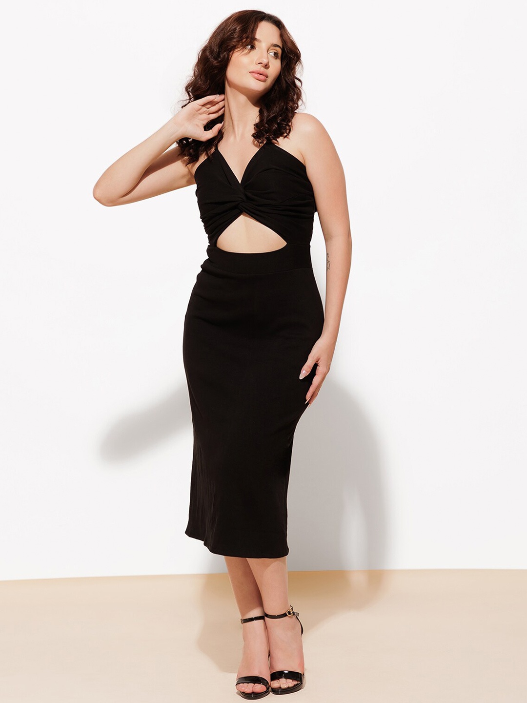 

Urban Sundari Shoulder Strap Cut Out Cotton Sheath Midi Dress, Black