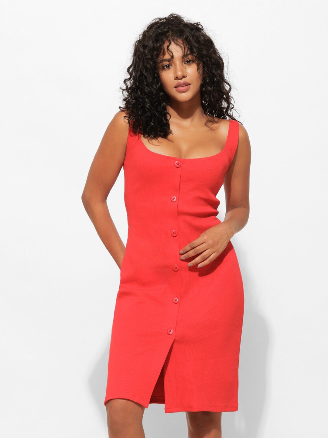 Urban Sundari Ribbed Sleeveless Cotton Sheath Dress, Red