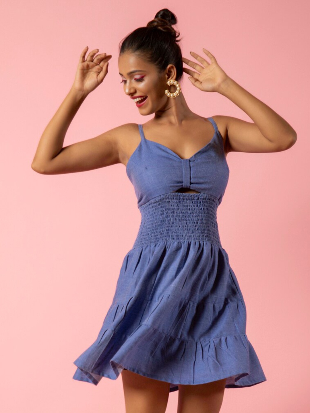 

Urban Sundari Shoulder Straps Cut Out Smocked Tiered Cotton Fit & Flare Mini Dress, Blue