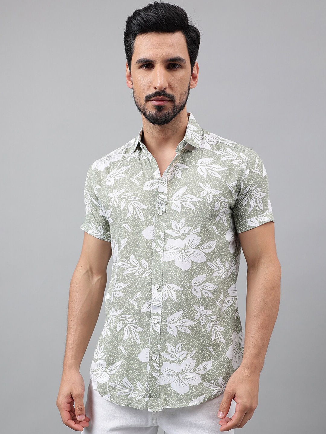 

Voroxy New Floral Printed Spread Collar Regular Fit Casual Shirt, Olive