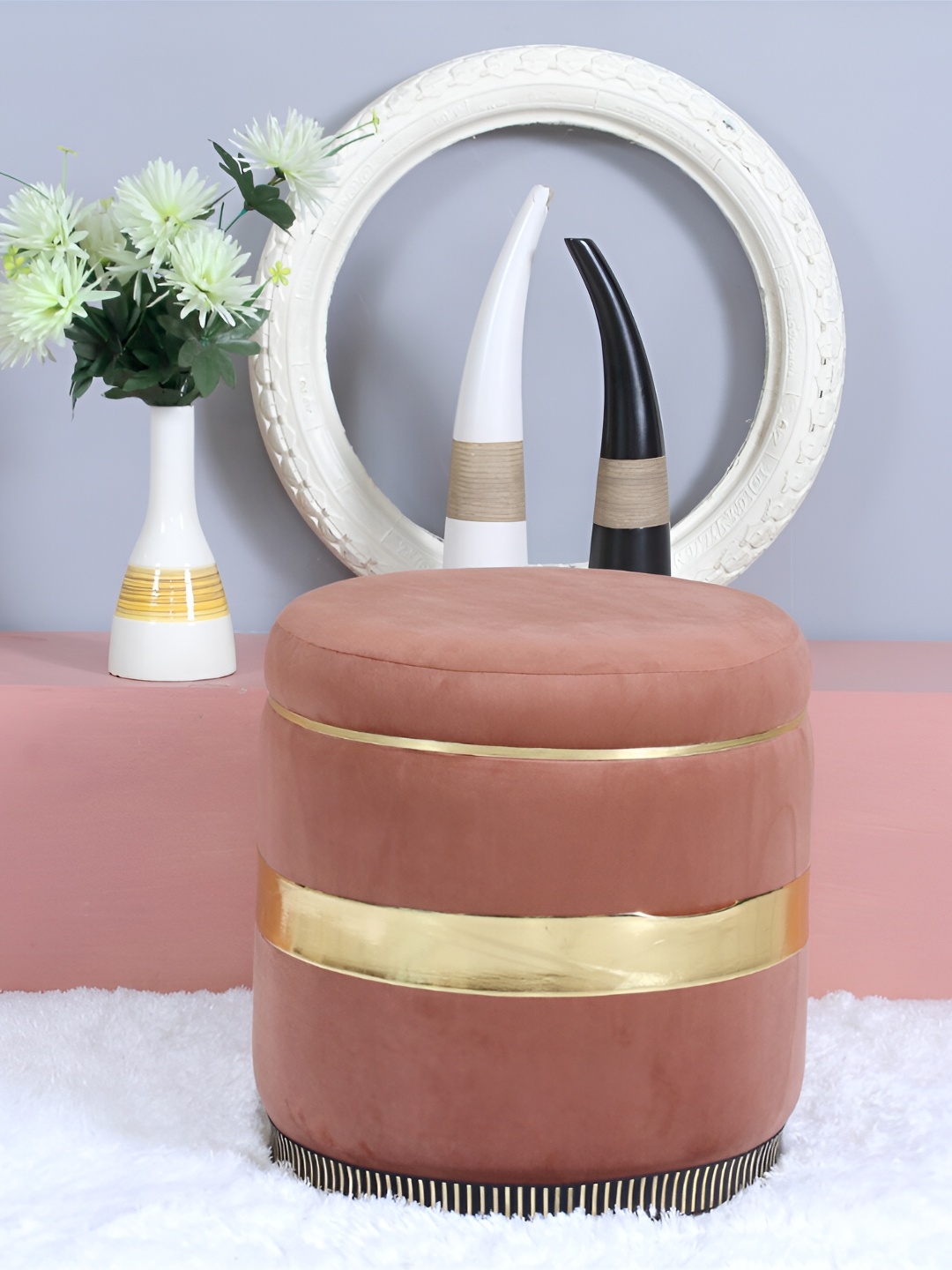 

Shadowkart Brown Tufted Velvet Wooden Framed Cylindrical Ottoman
