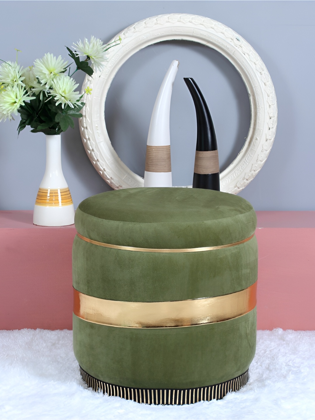 

Shadowkart Green Tufted Velvet & Wooden Framed Cylindrical Ottoman